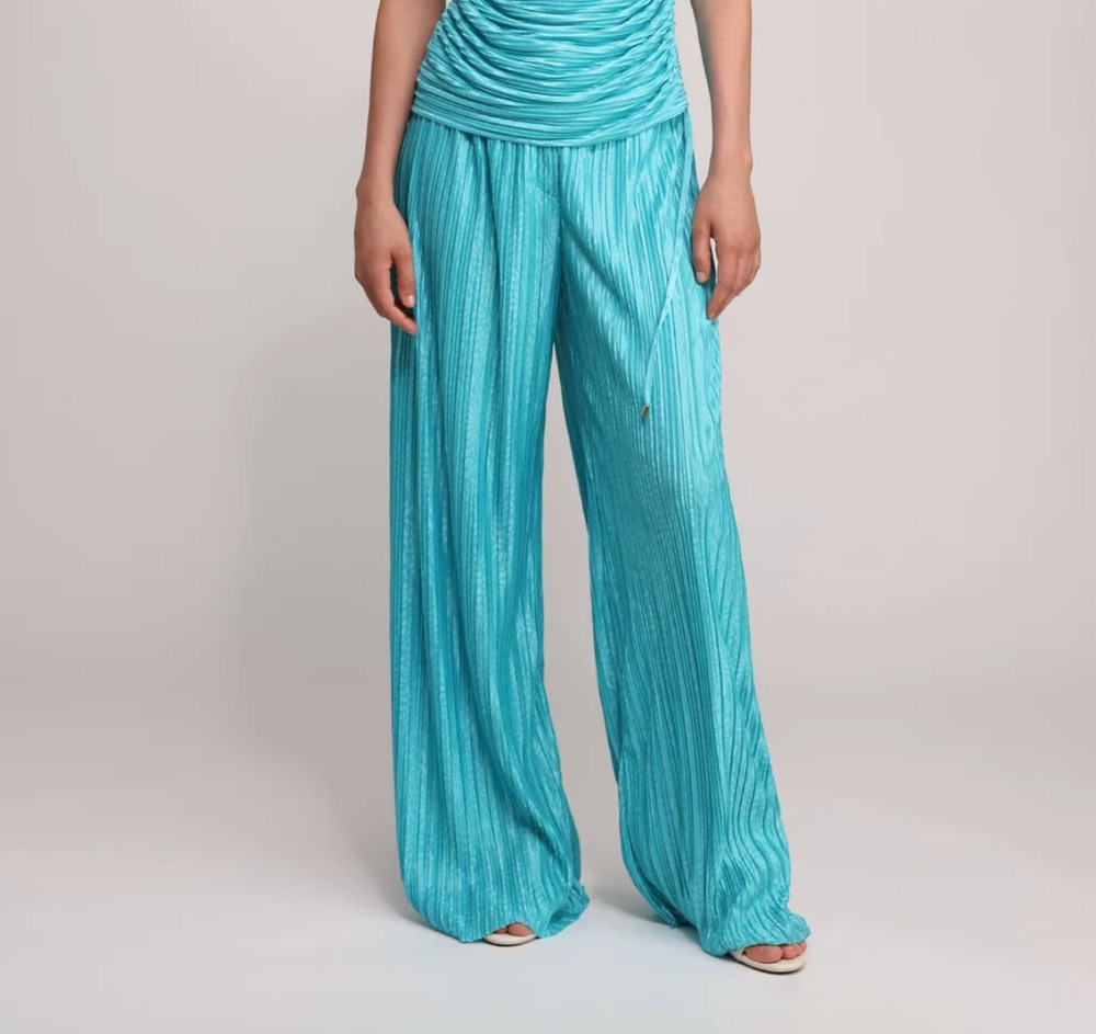Sabina Musayev Rainy Pants Womens S Turquoise Blue Pleated Wide-Leg Floral
